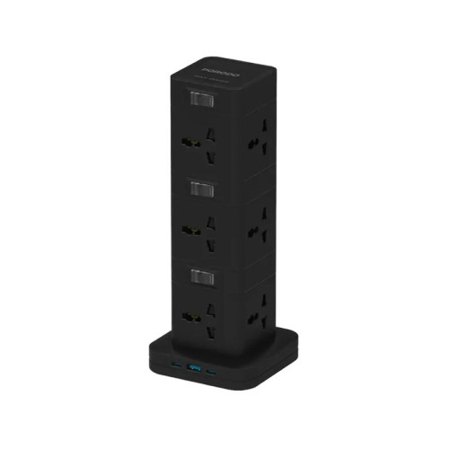 Porodo Three-Story 12AC Power Hub With USB-C PD & Quick Charge 3.0 - Black