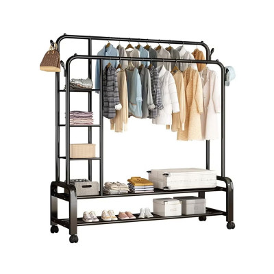 Double Clothes Garment Rack with Wheels and Side Hooks