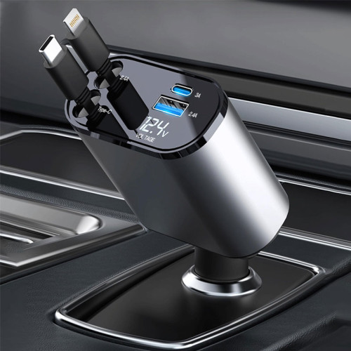 4 in 1 Car Fast Charger for iPhone and Type C, Retractable Cables 120W
