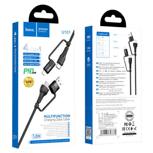 Hoco U101 4 in 1 Aluminum alloy connectors and nylon braid, support 60W / 20W output Cable