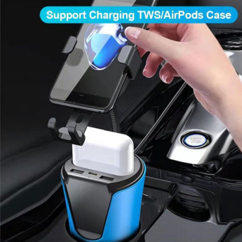 Car cup Holder Wireless Charger Mount with 2 USB and Type-C nd Airpods Charger a 15W