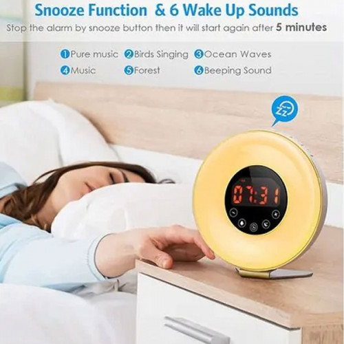 Alarm clocks with 7 different colors light, 5 natural sounds and FM radio