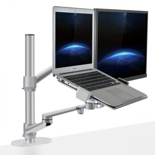UPERGO OLL-3L Aluminum 2 in 1 Monitor Arm, Laptop Stand And Mount For Gaming And Office Use, 17" - 27", Each Arm upto 7 KG - Silver