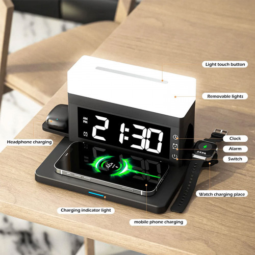 6 in 1 Wireless Charging Station with LED Light and Clock