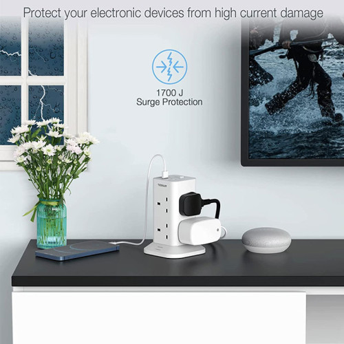 TESSAN 8 Way Multi Plug Extension Tower with 3 USB Slots, Surge Protection Extension Cord with Switch, with 2M Cable