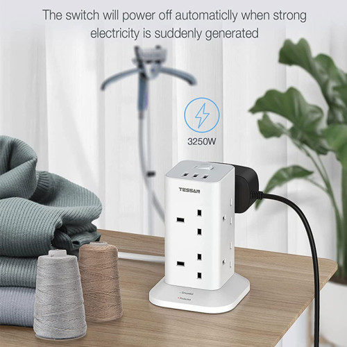 TESSAN 8 Way Multi Plug Extension Tower with 3 USB Slots, Surge Protection Extension Cord with Switch, with 2M Cable