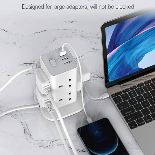 TESSAN 8 Way Multi Plug Extension Tower with 3 USB Slots, Surge Protection Extension Cord with Switch, with 2M Cable