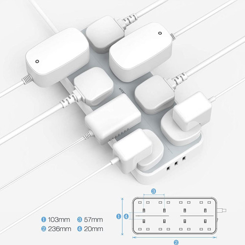 TESSAN 8 Way Multi Plug Extension with 3 USB Slots, 2M Cable, Wall Mounted Power Strip Socket for Home, Office