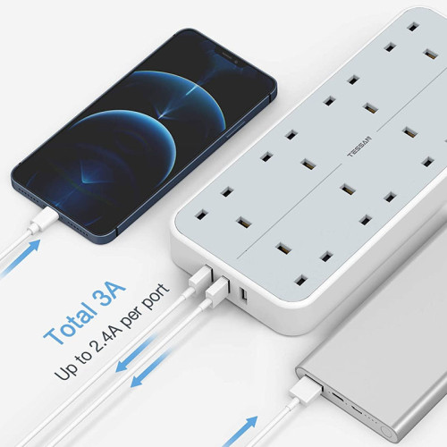 TESSAN 8 Way Multi Plug Extension with 3 USB Slots, 2M Cable, Wall Mounted Power Strip Socket for Home, Office