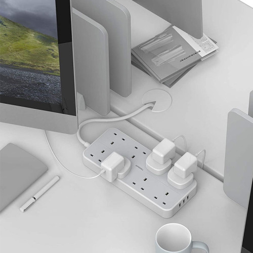 TESSAN 8 Way Multi Plug Extension with 3 USB Slots, 2M Cable, Wall Mounted Power Strip Socket for Home, Office