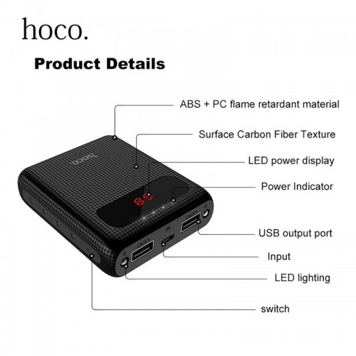 HOCO MIGE Mini 10000 mAh External Power Bank with 2 USB & LED Light For All Smart Phones & Tablet - Black