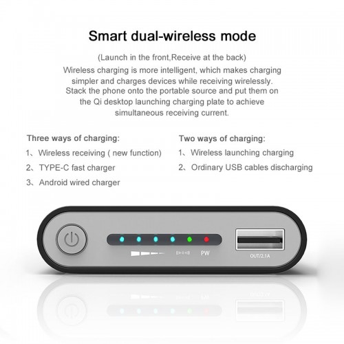 10000 mAh Wireless Slim Power Bank For iPhone X , Note 8 , iPhone 8 , S8 , S7 , Note 5 - Gray