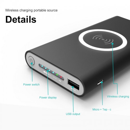 10000 mAh Wireless Slim Power Bank For iPhone X , Note 8 , iPhone 8 , S8 , S7 , Note 5 - Gray