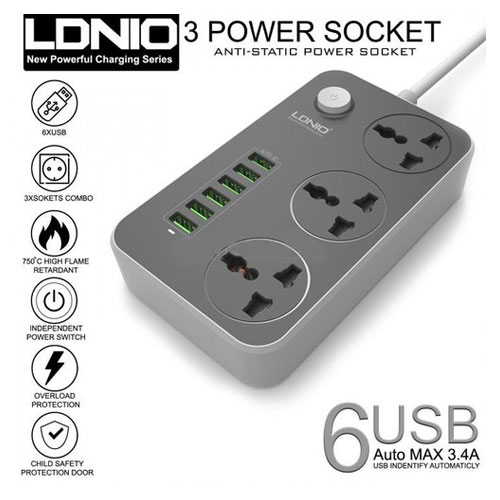 LDNIO 6 Port USB Charger 3.4A 3 Outlet P...