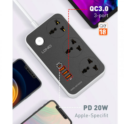 LDNIO 2500W 3 Universal AC Ports / 18W QC3.0 USB * 3/20W USB-C PD Fast Charging Extension ( 2M Power Cord )