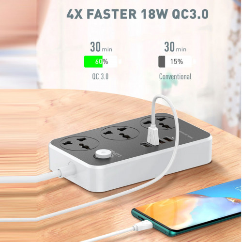 LDNIO 2500W 3 Universal AC Ports / 18W QC3.0 USB * 3/20W USB-C PD Fast Charging Extension ( 2M Power Cord )