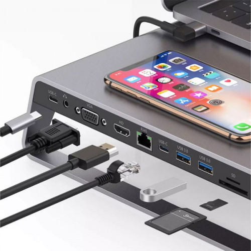 11 in 1 Docking Station with Wireless Charger , USB-C Hub , 4K HDMI , VGA, TF Card, USB 3.0 * 2, Memory Card Slot, RJ45 * 1, 3.5 Jack