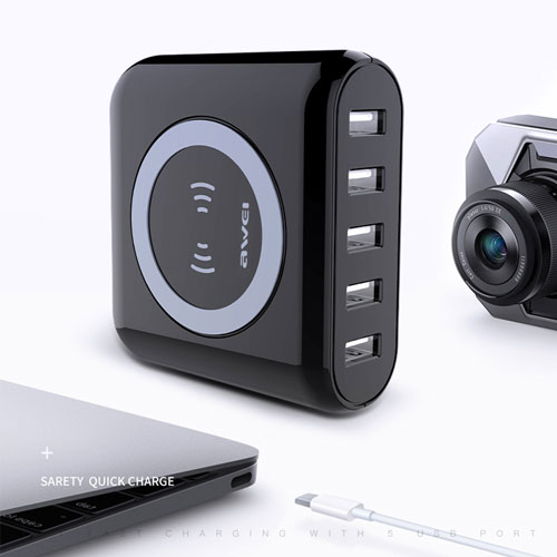 Awei CW1 Wireless Charger with 5 USB Charger - White