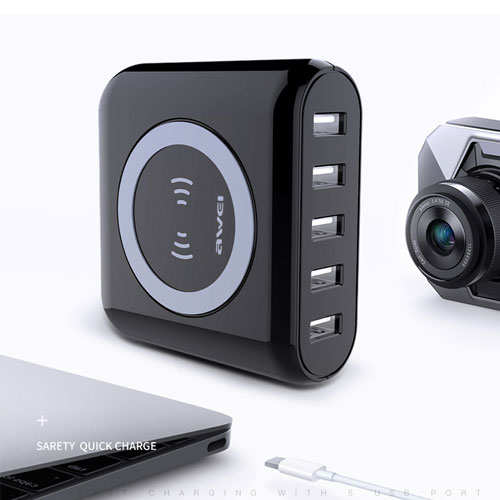Awei CW1 Wireless Charger with 5 USB Charger - White