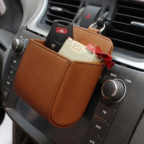Car Auto Outlet Vent Trash Box PU Leather Mobile Phone Holder 