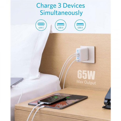 Anker PowerPort III 3-Port 65W Charger with US/UK/EU Plugs for Travel, for MacBook, USB-C Laptops, iPad Pro, iPhone, Galaxy and More - Black