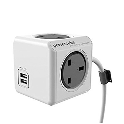 PowerCube 4 way Power Socket & 2 USB Charger  with 1.5M UK Plug - Gray