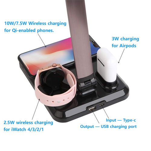 4 in 1 Wireless Charger For iPhone , Airpods , Apple Watch and LED Desk Lamp with USB Charging Port - White
