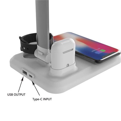 4 in 1 Wireless Charger For iPhone , Airpods , Apple Watch and LED Desk Lamp with USB Charging Port - White