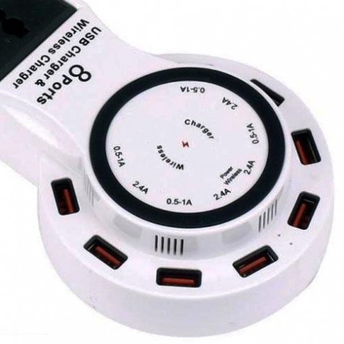 8 USB Charger with Wireless Charger and 1 Power Plug - White