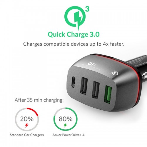Anker PowerDrive+ 4 with Quick Charge 3.0,4-Port USB Car Charger with USB-C