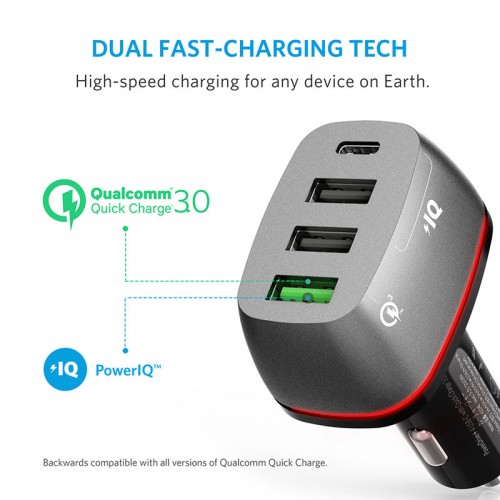 Anker PowerDrive+ 4 with Quick Charge 3.0,4-Port USB Car Charger with USB-C