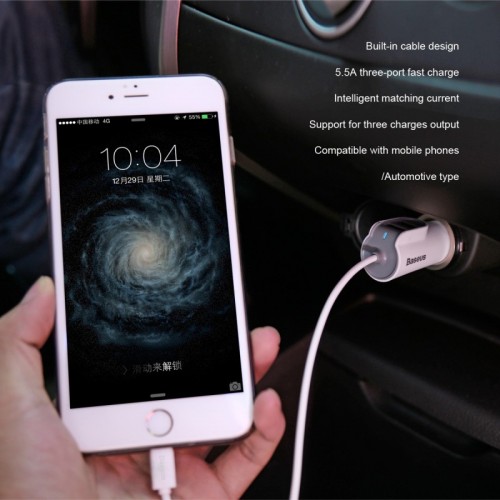 BASEUS 2 USb & Lightning Cable Car Charger For All Smart Phones & Tablets - White