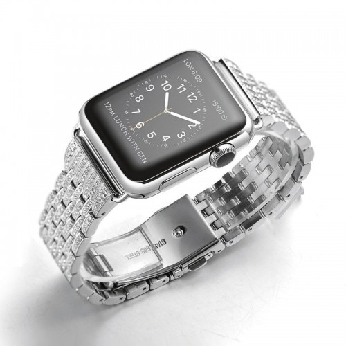 CotEetCI Luxury Alloy Crystal Rhinestone Diamond Bling Stainless Steel 42MM Apple Watch Band - Silver