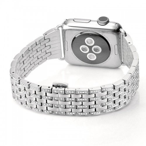 CotEetCI Luxury Alloy Crystal Rhinestone Diamond Bling Stainless Steel 42MM Apple Watch Band - Silver