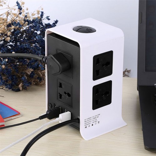 Vertical Power Extension with 8 Sockets and 4 USB Ports,with ON/OFF Switch - Gray