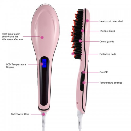 Fast Hair Straightener Comb with Temperature Display - Pink