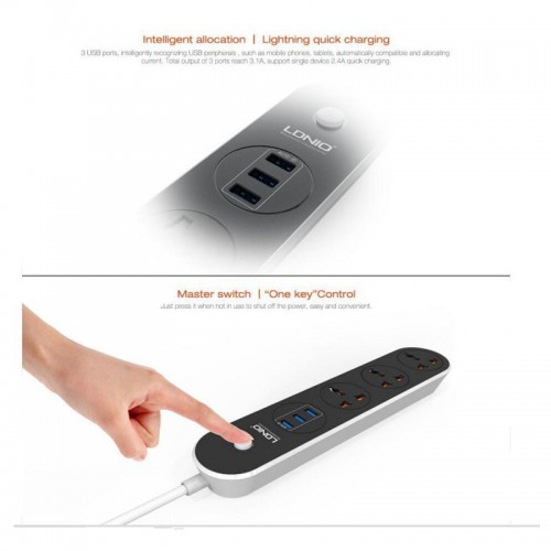 LDNIO 3 Port USB and 3 Power Socket Extention 1.6 Mtr
