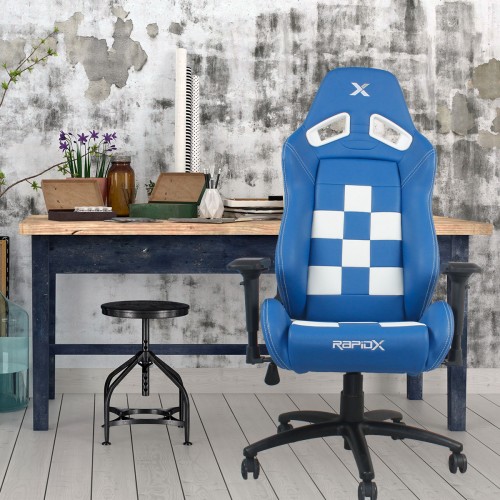 RapidX Finish Line Series Gaming Chair - White on Blue