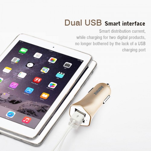 Remax 2 USB Slim Car Charger For All Smart Phones & Tablets - Gold