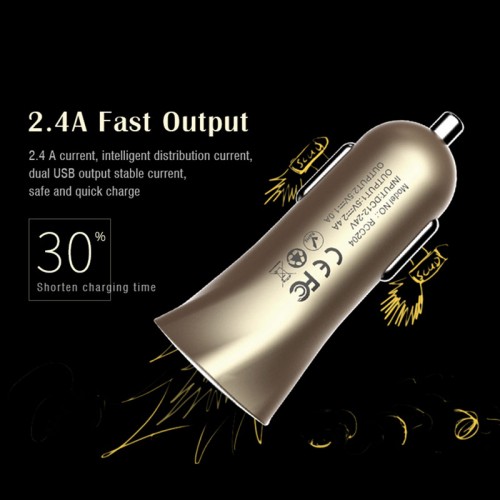 Remax 2 USB Slim Car Charger For All Smart Phones & Tablets - Gold