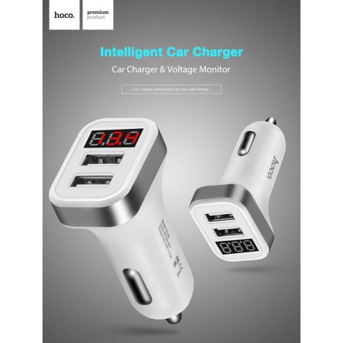  HOCO Z3 Smart Car Charger 3.1A Dual USB LCD Display - SILVER AND WHITE 