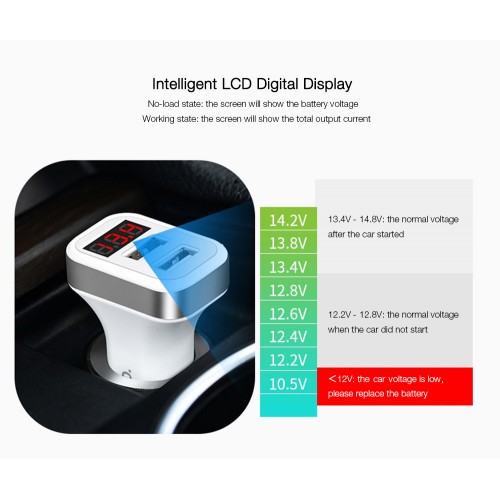  HOCO Z3 Smart Car Charger 3.1A Dual USB LCD Display - SILVER AND WHITE 