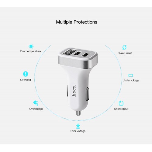  HOCO Z3 Smart Car Charger 3.1A Dual USB LCD Display - SILVER AND WHITE 