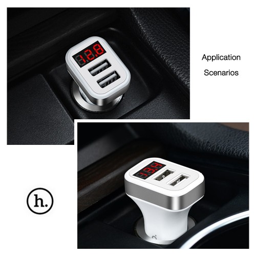  HOCO Z3 Smart Car Charger 3.1A Dual USB LCD Display - SILVER AND WHITE 