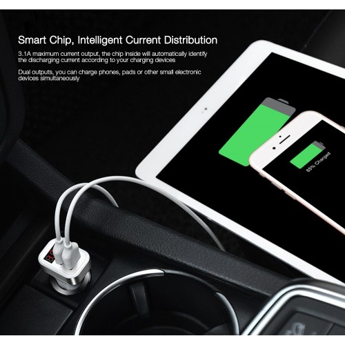  HOCO Z3 Smart Car Charger 3.1A Dual USB LCD Display - SILVER AND WHITE 