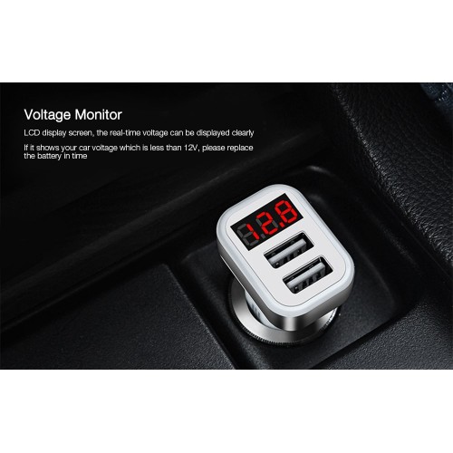  HOCO Z3 Smart Car Charger 3.1A Dual USB LCD Display - SILVER AND WHITE 