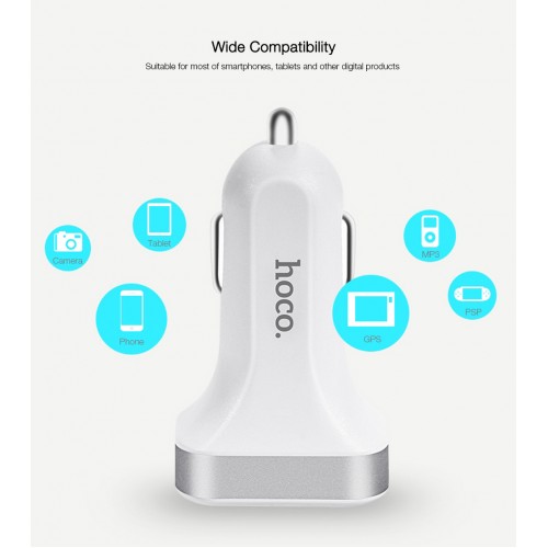 HOCO Z3 Smart Car Charger 3.1A Dual USB LCD Display - SILVER AND WHITE 
