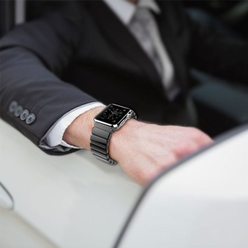 Stainless Steel Link Bracelet Metal Double Button Folding Clasp Band For 42 MM Apple Watch - Black