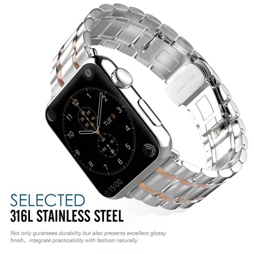 Modern Stainless Steel Ergonomic Design Wristband for Apple Watch 42mm - Silver/Rose Gold